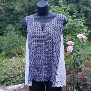 THML Sleeveless Tank Top Blue White Keyhole Pattern Embroidered Eyelet Womens L